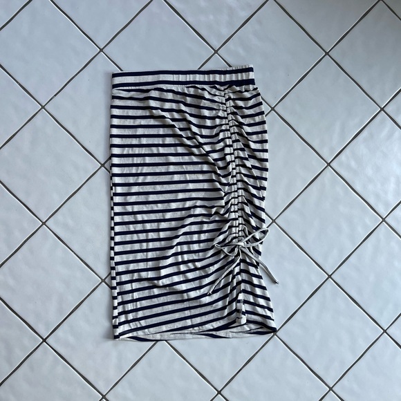 NWT Love Scarlett Navy Natural Linen Stripe Ruched Midi Skirt - Picture 5 of 6